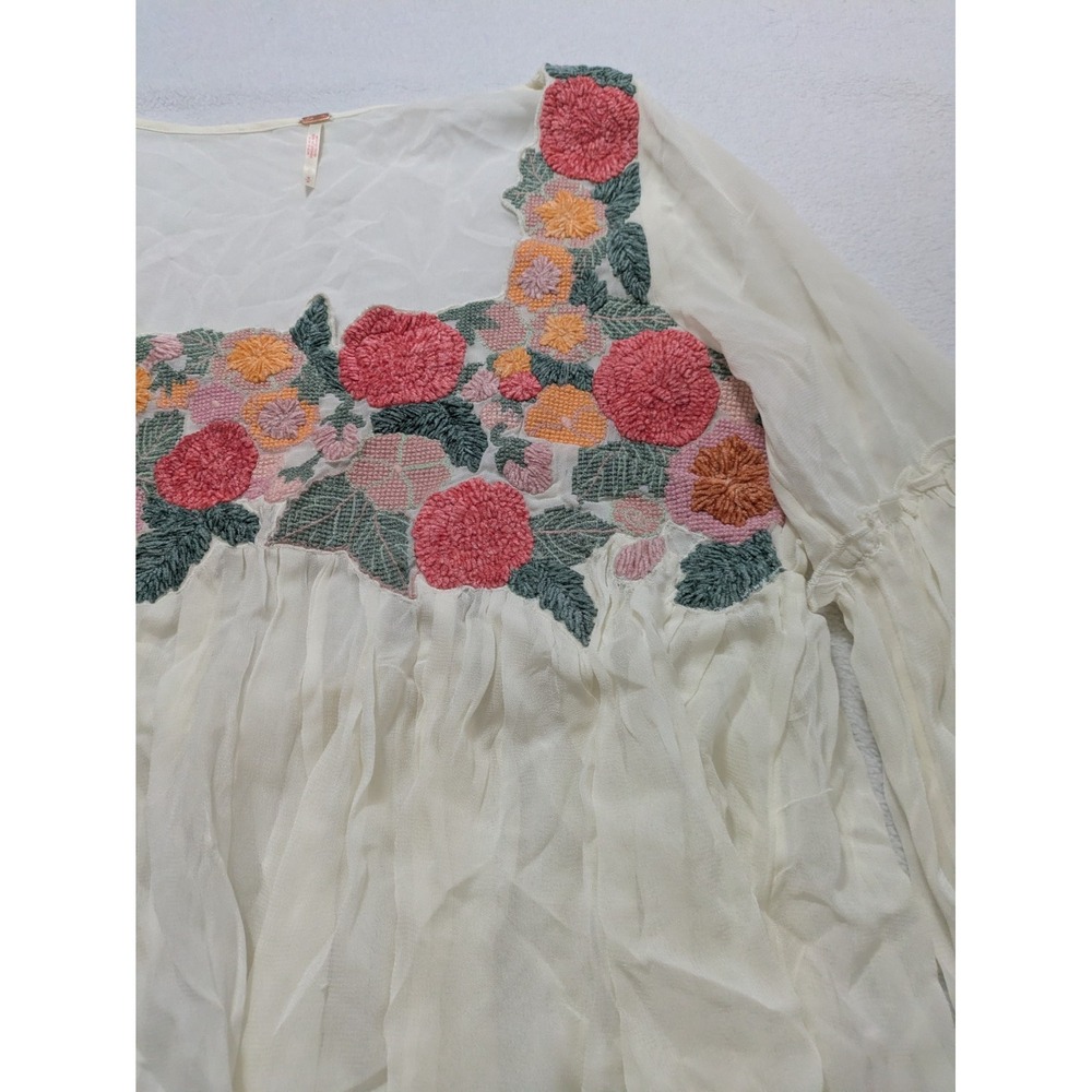 Free People Madeline Tunic Small White Embroidered Floral Bell Sleeve Fairy - Picture 6 of 10